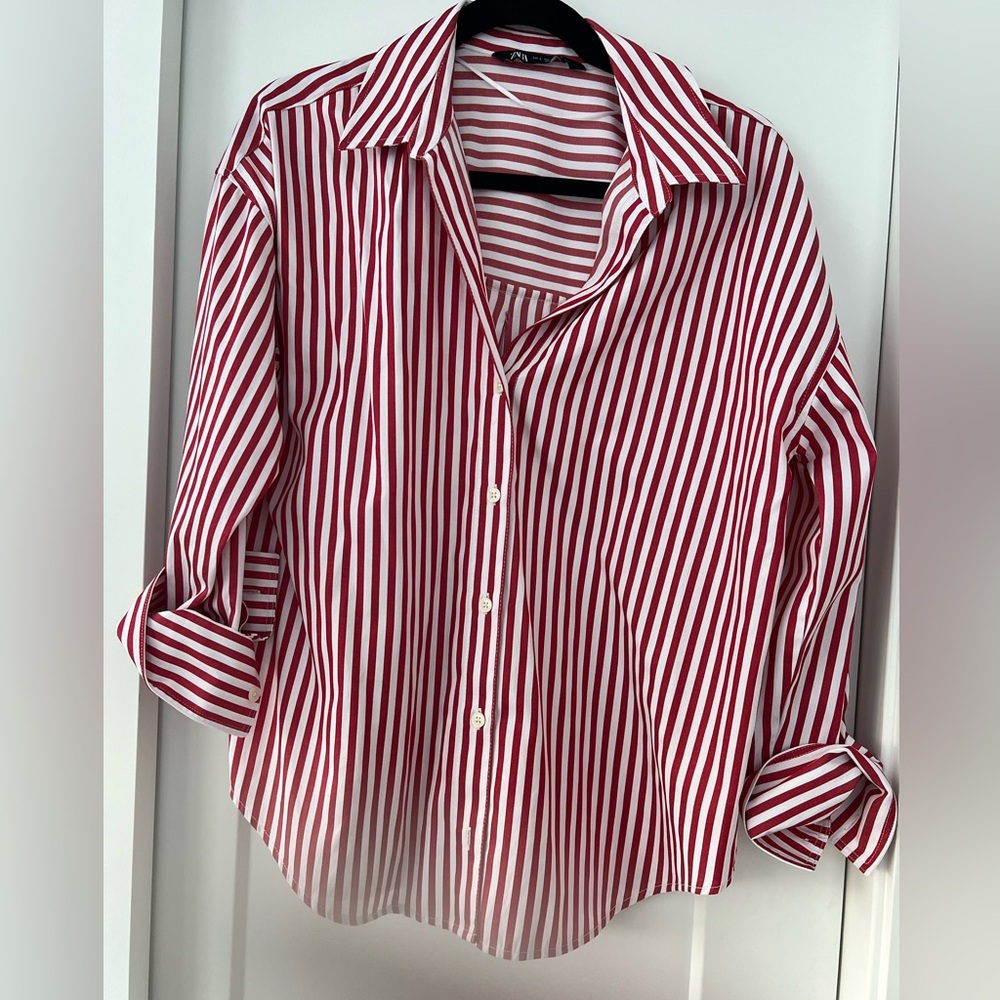 Zara Red and White Striped Button Down Shirt